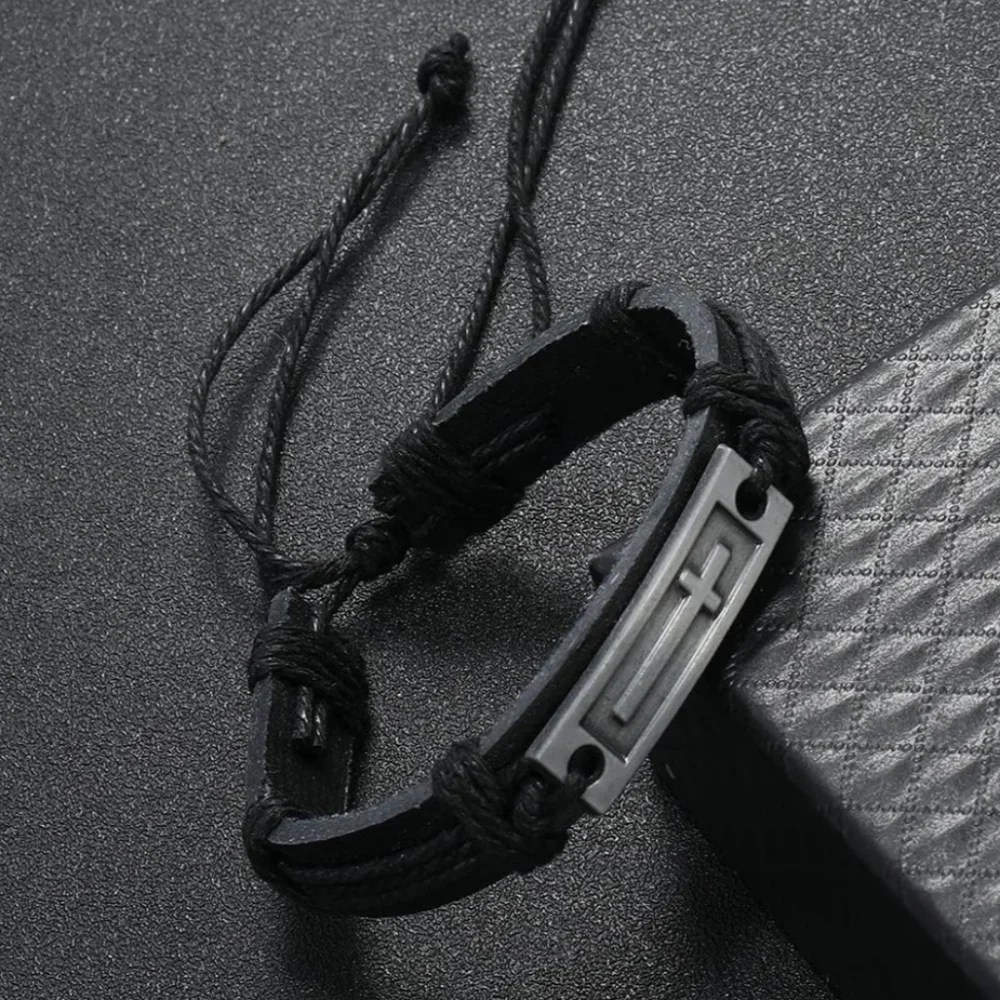 Men or‎ Womens Cross Leather Adjustable Jesus Draw String Religious Bracelet